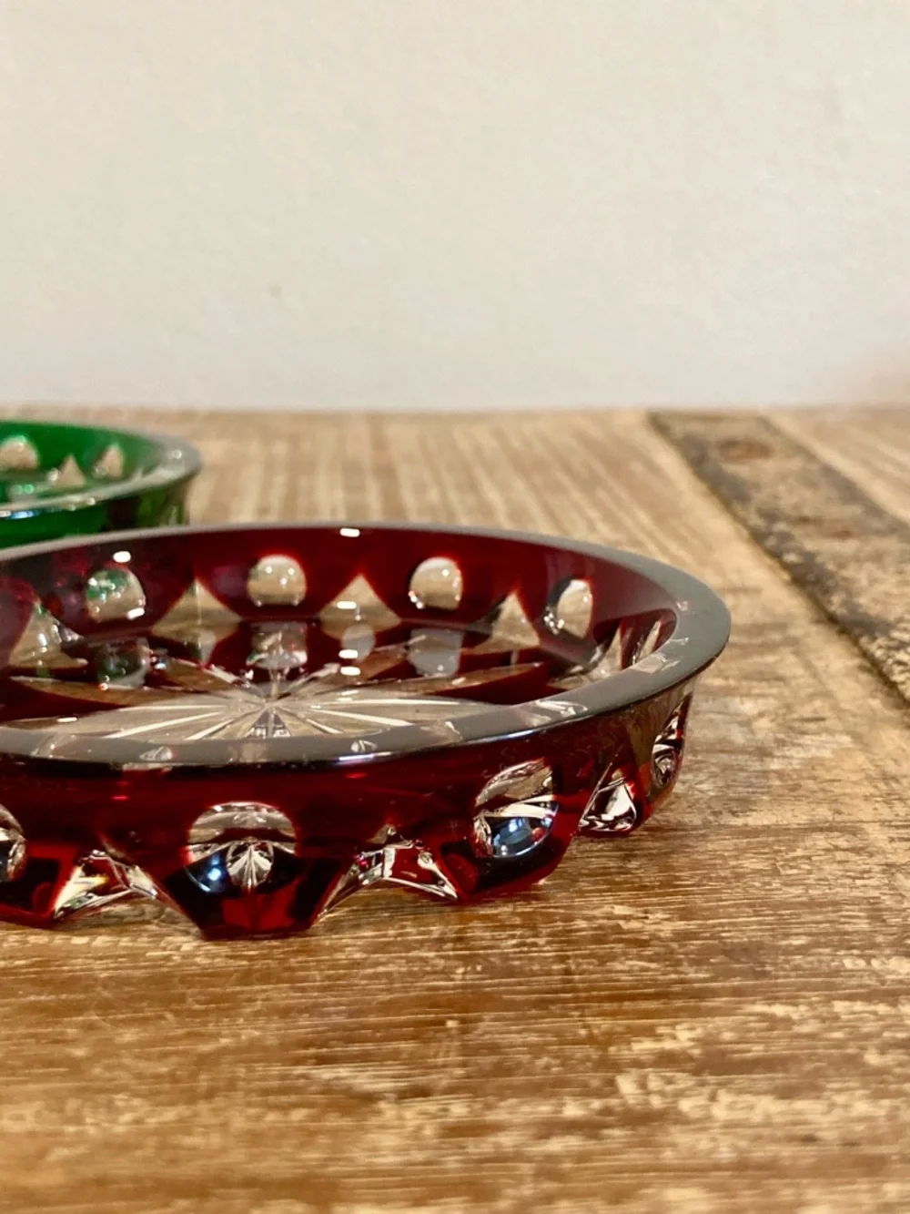 Faberge Xenia Drink Coasters Cut Crystal Red and Green with Starburst Pattern